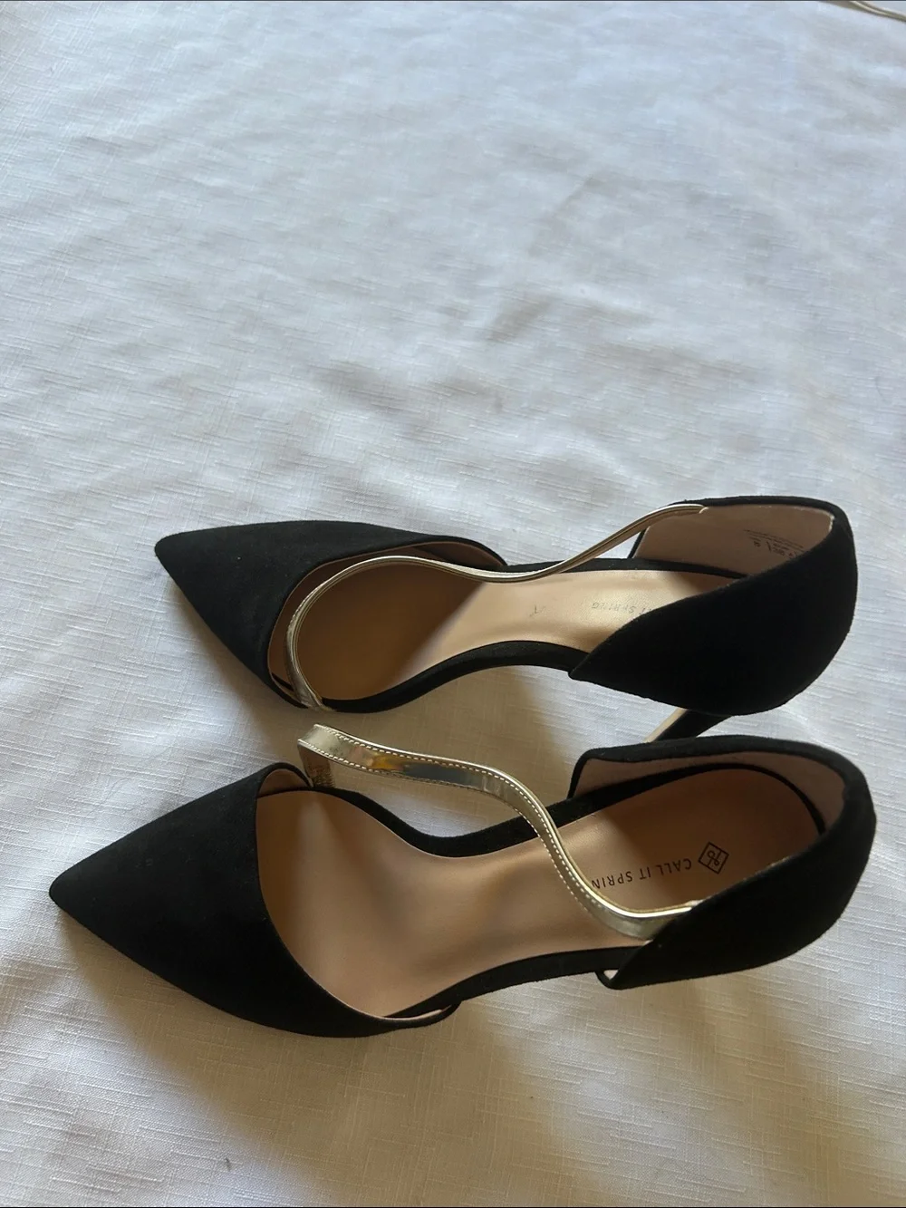 Call It Spring Black Pointed D'Orsay Heels with Gold Accent Strap